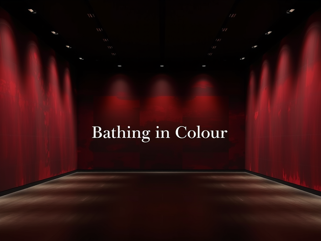 Dimly lit gallery space with deep red walls and soft overhead lighting, evoking immersion in Rothko-like colour fields, with the words “Bathing in Colour” centred — reflecting neuroqueer sensory experience in abstract art. Image Created by AI in Wordpress