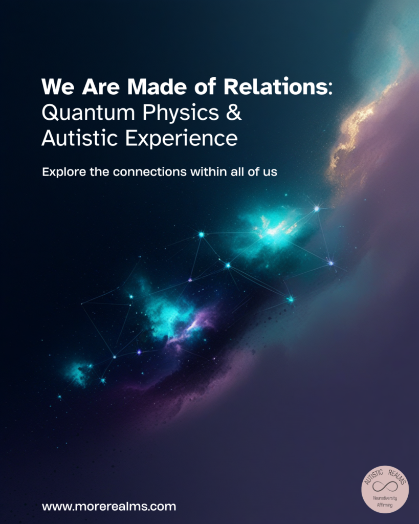 Alt text: A deep cosmic image showing a sweeping galaxy nebula in teal, gold, purple and violet against a dark navy background. Luminous constellation points are connected by fine glowing lines, suggesting a web of relations. Bold white text in the upper left reads: We Are Made of Relations: Quantum Physics and Autistic Experience. Below in lighter weight: Explore the connections within all of us. The Autistic Realms neurodiversity affirming logo appears in the lower right corner. The website address www.morerealms.com is shown at the bottom left.