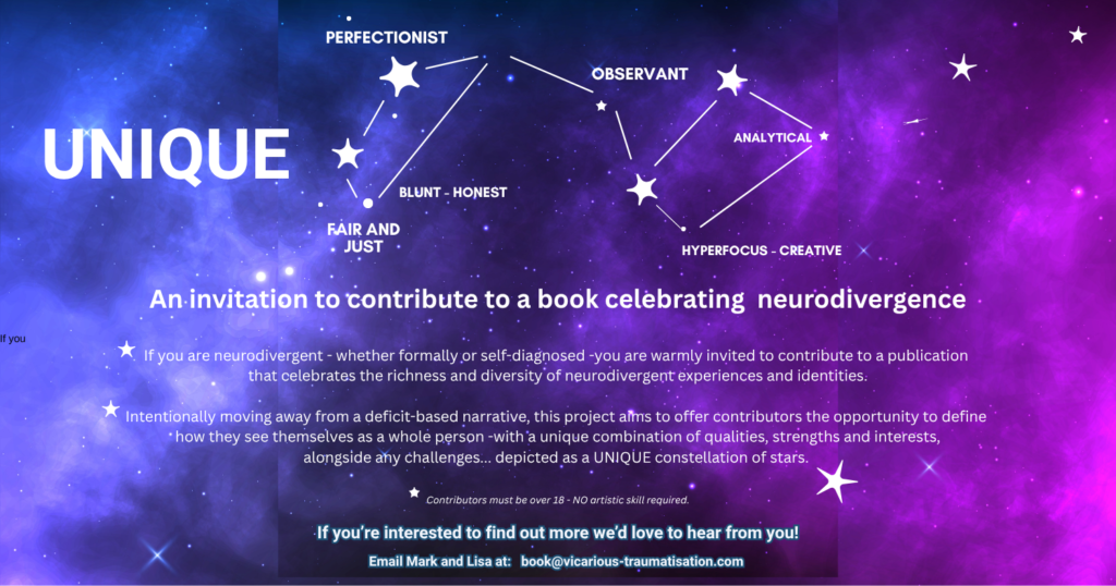 A square social media graphic on a deep space background of navy, blue, and purple nebulae scattered with stars. The title "UNIQUE" appears at the top left in large bold white capitals. Two hand-drawn white constellation diagrams sit above the text: one connecting stars labelled Perfectionist, Blunt – Honest, and Fair and Just; the other connecting stars labelled Observant, Analytical, and Hyperfocus – Creative. Below, bold white text reads "An invitation to contribute to a book celebrating neurodivergence," followed by an invitation for neurodivergent people to contribute their own constellation, and a note that contributors must be over 18 with no artistic skill required. A teal footer reads "If you're interested to find out more we'd love to hear from you! Email Mark and Lisa at: book@vicarious-traumatisation.com."