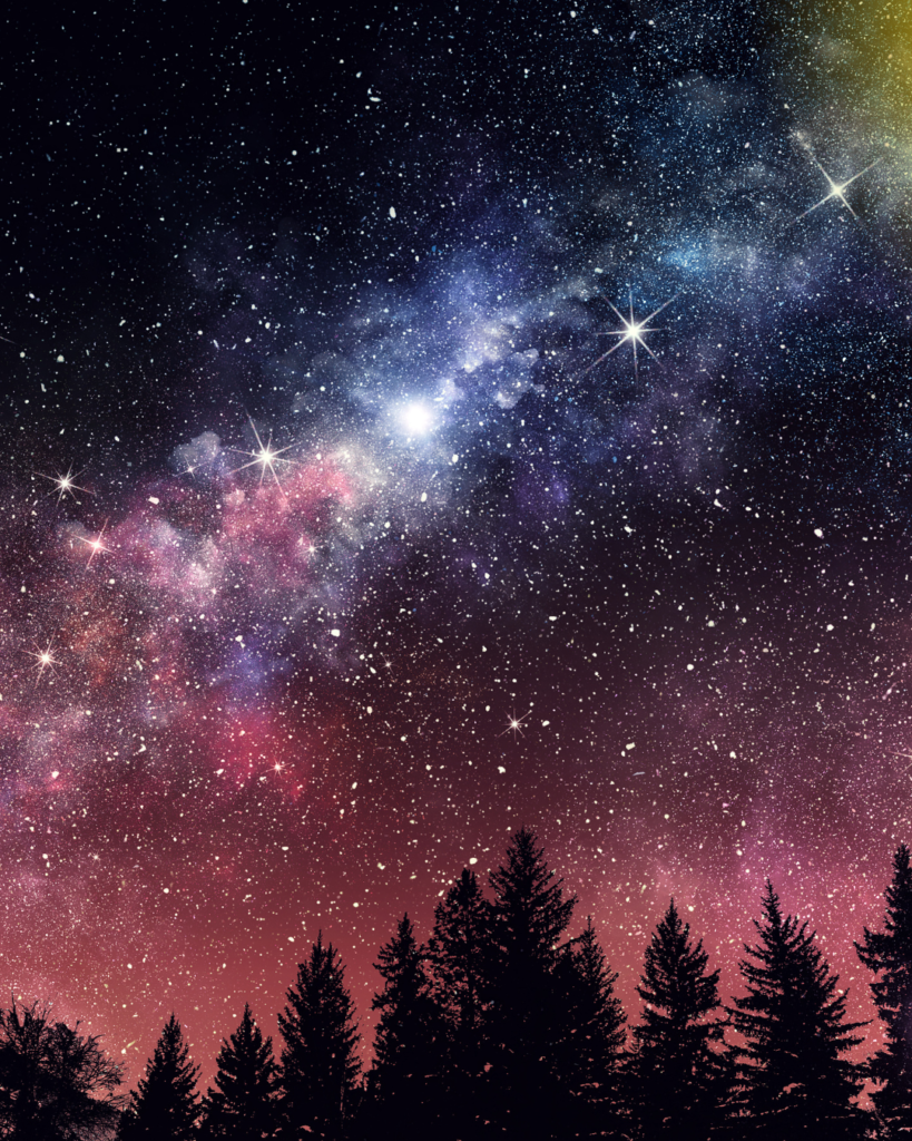 Night sky glowing with stars and the pink-blue haze of the Milky Way, rising above a silhouette of pine trees