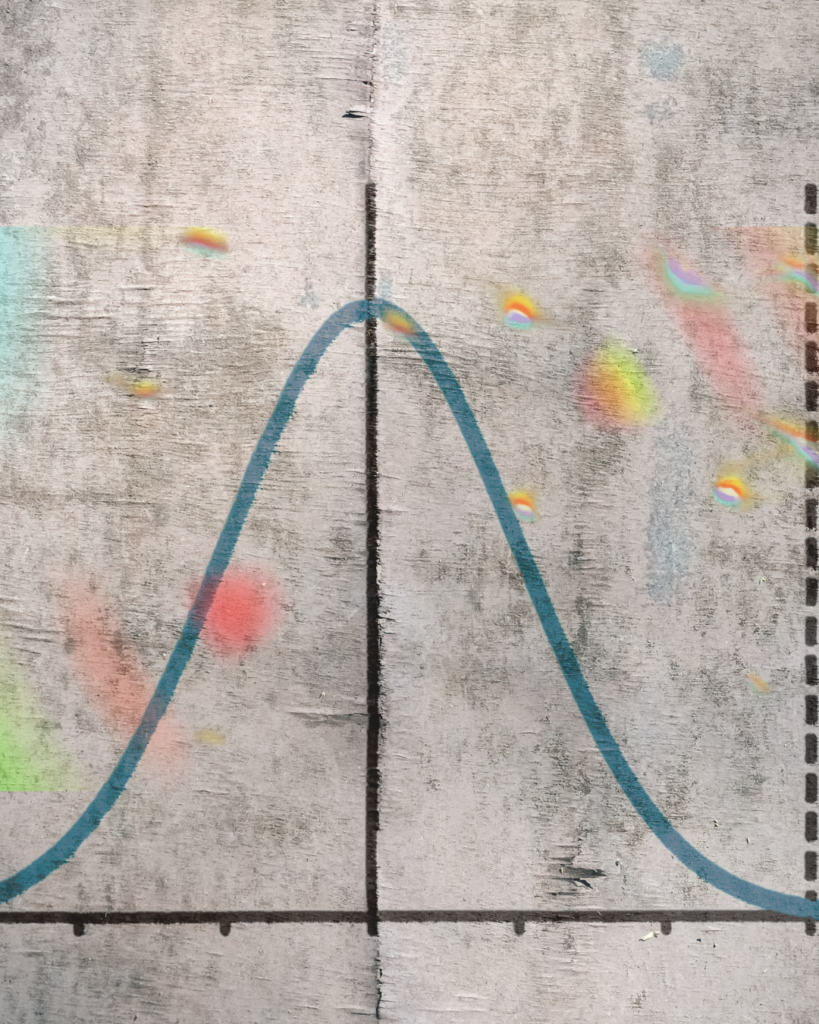 A weathered wooden board with a hand-painted teal-blue bell curve plotted on faint graph axes. Soft, rainbow-toned splashes of colour — pink, yellow, green, and blue — are scattered around the curve like paint bleeding into the wood grain. A dashed line borders the right edge, evoking a torn sheet of graph paper. Created on Canva Pro