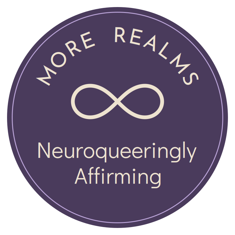 More Realms logo: the words More Realms arched over an infinity symbol, with Neuroqueeringly Affirming beneath, inside a dusky purple circle.