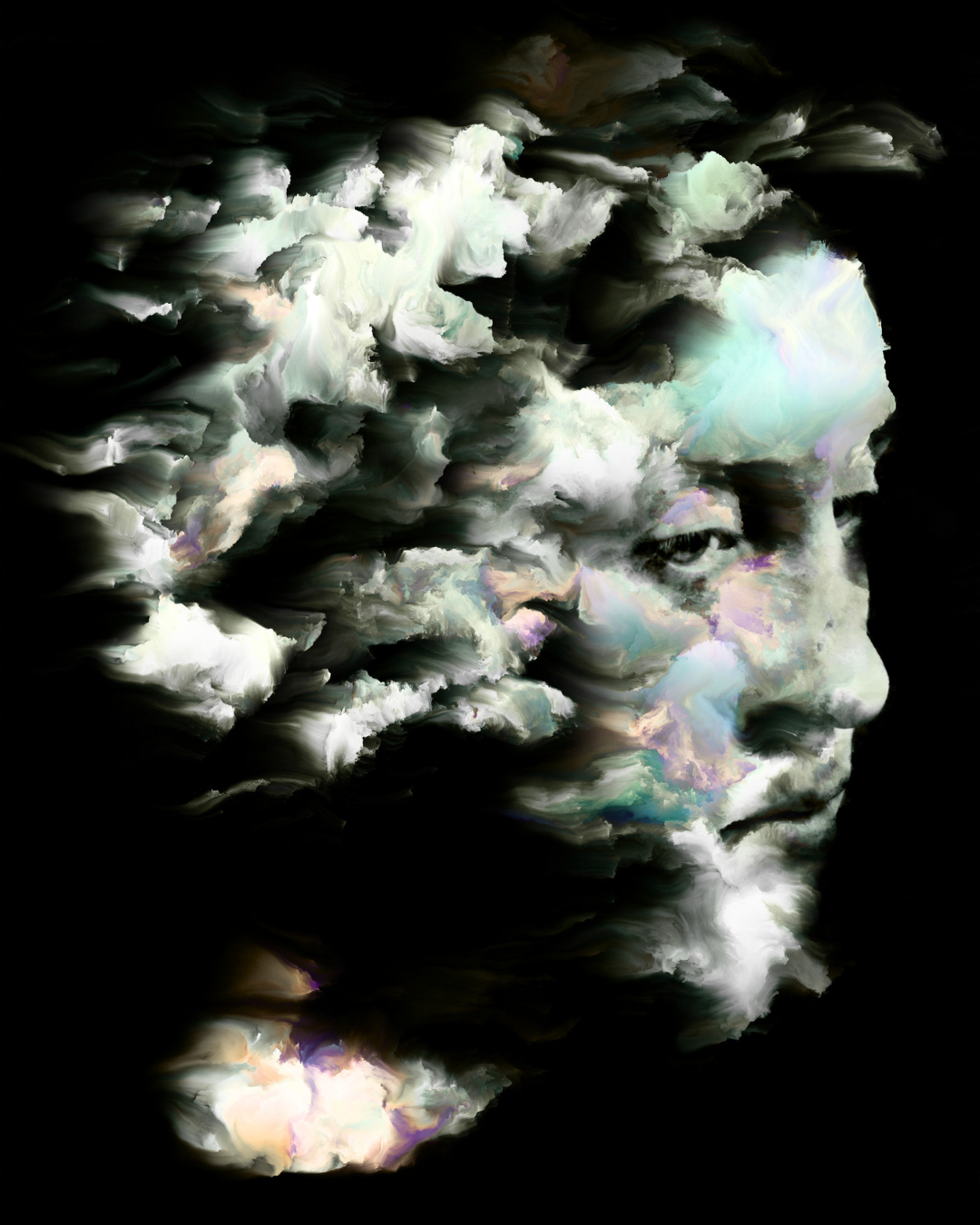 A digital artwork shows a face in three-quarter profile, turned to the right, against a deep black background. Only one eye, the nose and part of the cheek stay clear. The rest of the head breaks apart into drifting, cloud-like strokes of white, grey, pale green, lilac and soft peach. The fragments stream away to the left, as though the person is scattering into smoke or weather while still partly present.