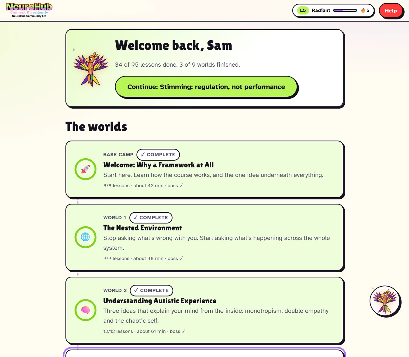 The course map for Building a Positive Autistic Identity: nine worlds with progress rings, a Continue button and a friendly phoenix mascot.